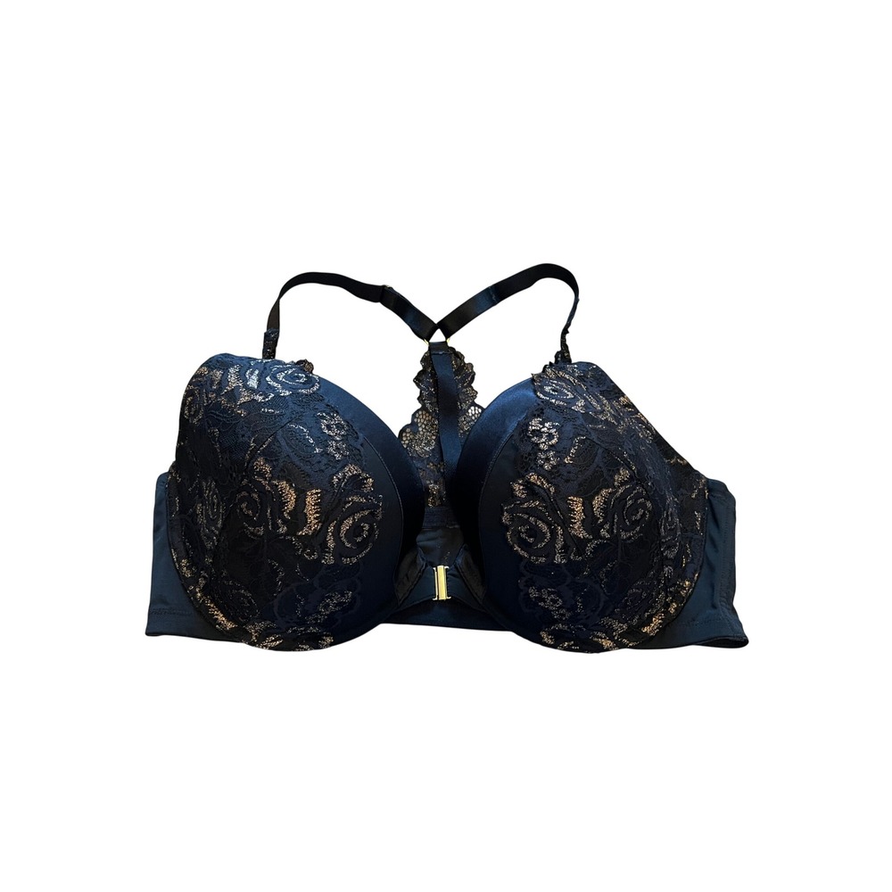 Cacique 44DD Black Rose Gold Metallic Floral Lace Front Close Plunge Bra